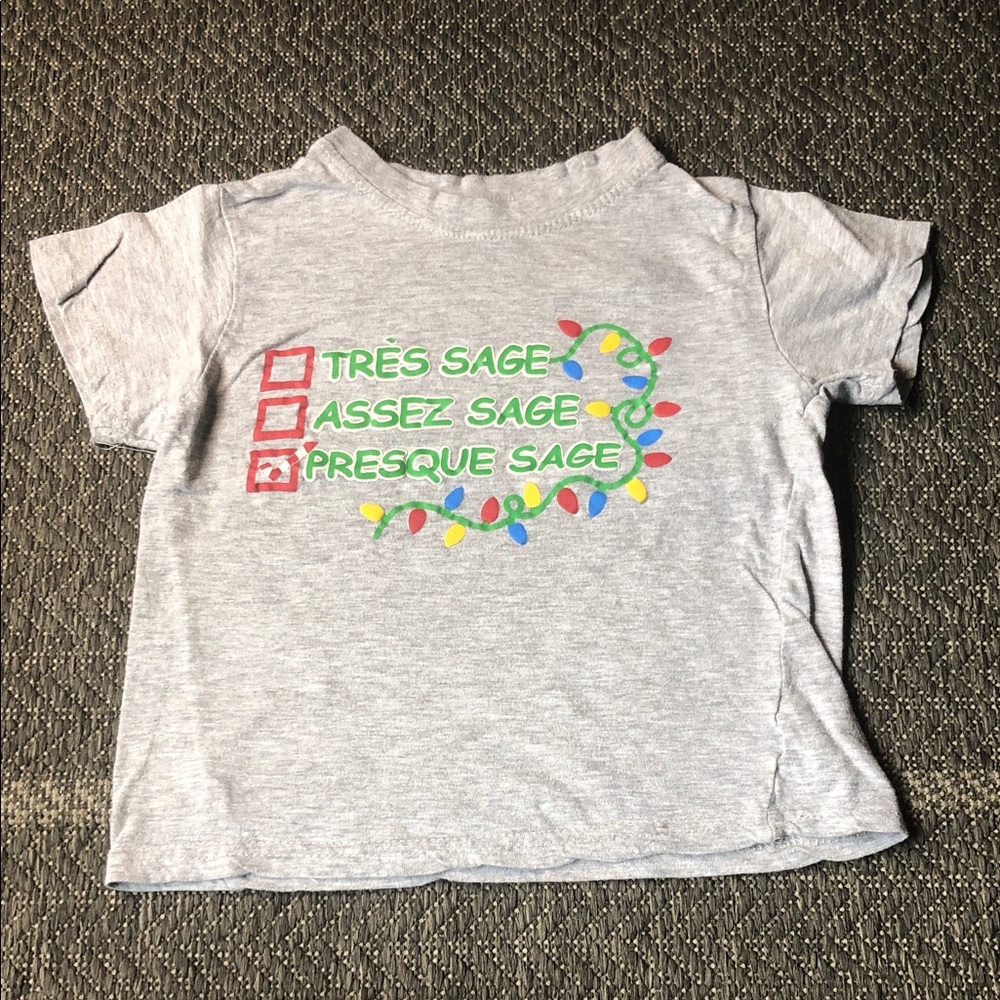Grey Kids Tee with holiday Christmas Green Text and Multicolor Lights